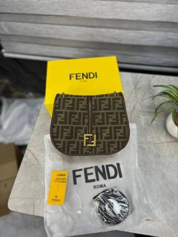 FENDI BOSTON 365 BROWN FF JACQUARD FABRIC BAG 1477