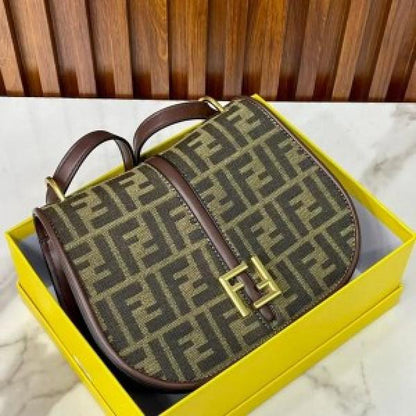 FENDI BOSTON 365 BROWN FF JACQUARD FABRIC BAG 1477
