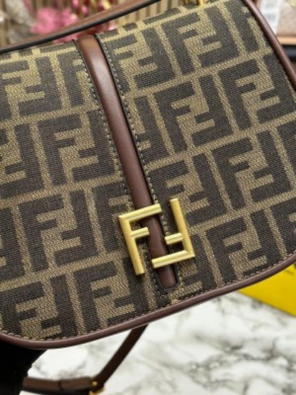 FENDI BOSTON 365 BROWN FF JACQUARD FABRIC BAG 1477