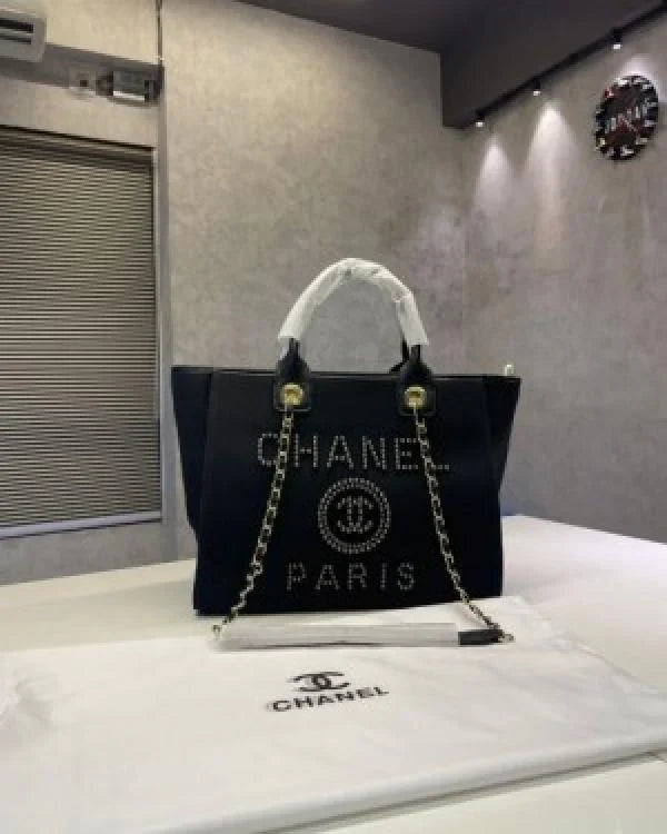 Chanel deauville pearl canvas tote bag black 220