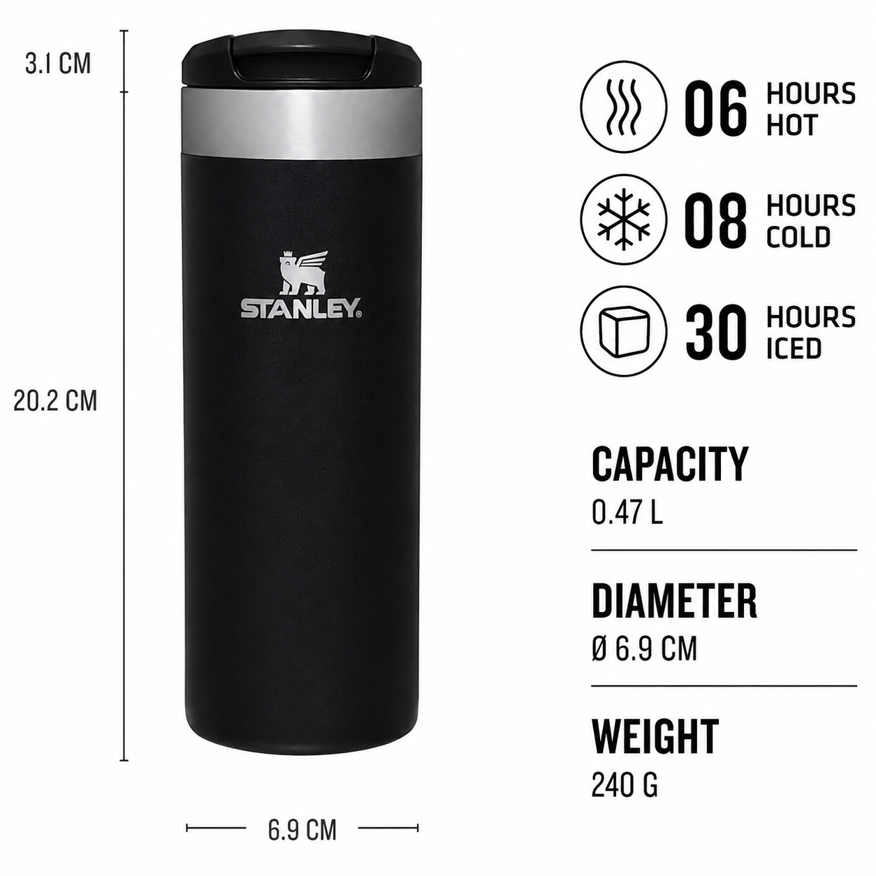 Premium Insulated Travel Coffee Mug 470 ml – Stainless Steel Vacuum Flask with Flip Lid (Black)