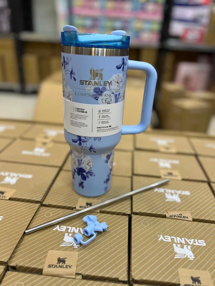 STANLEY Blue & Black Single Stainless Steel Floral Double Wall Vacuum Water Bottle