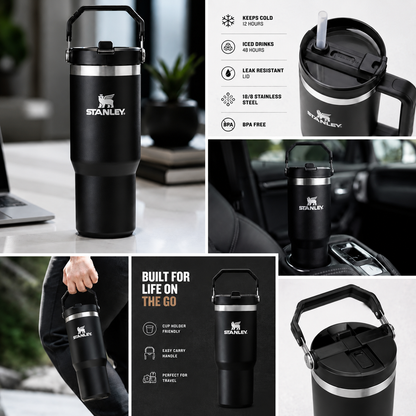Stainless Steel Tumbler with Straw - Black